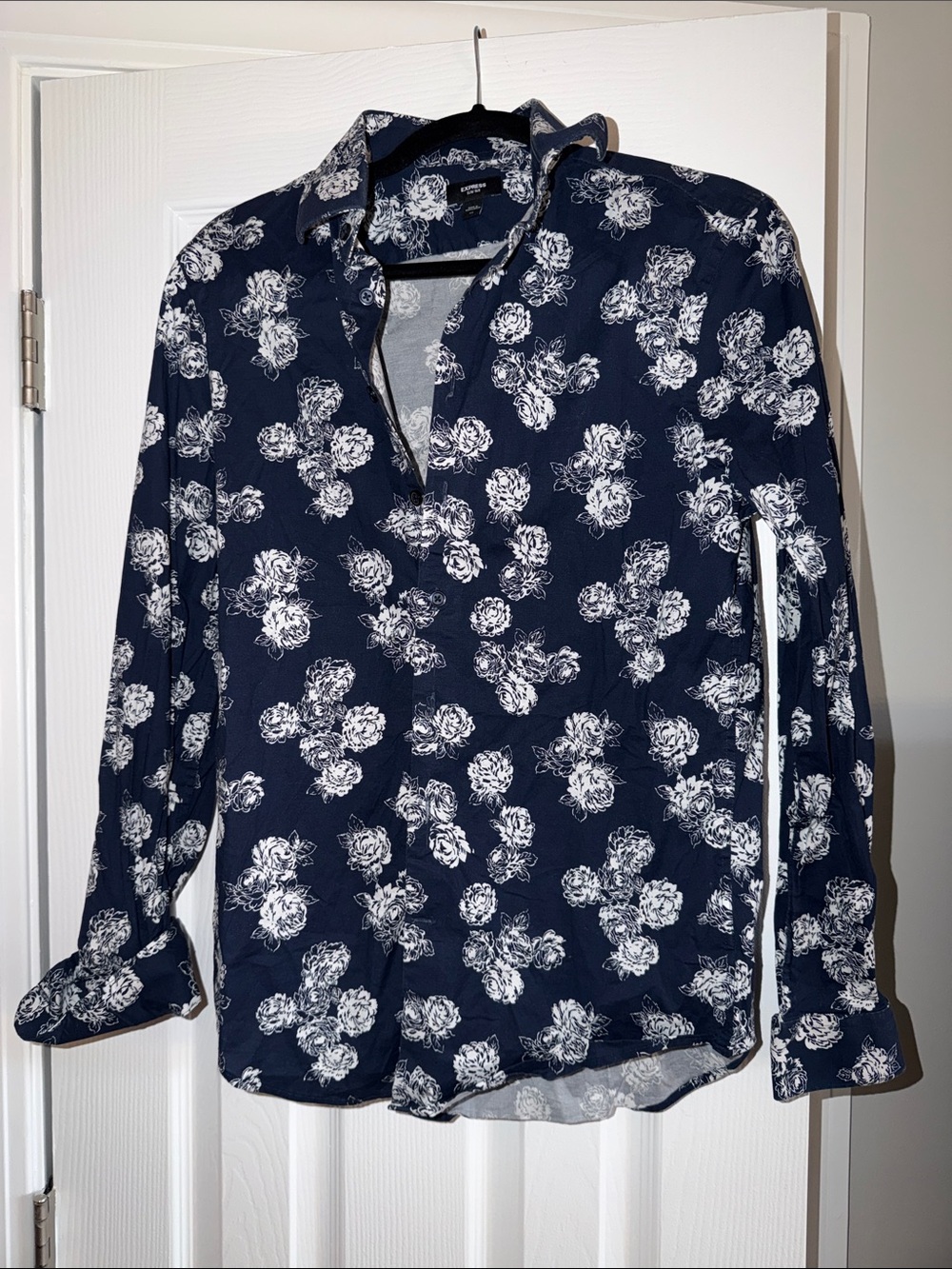 Express Navy Blue Floral Button-Down Shirt